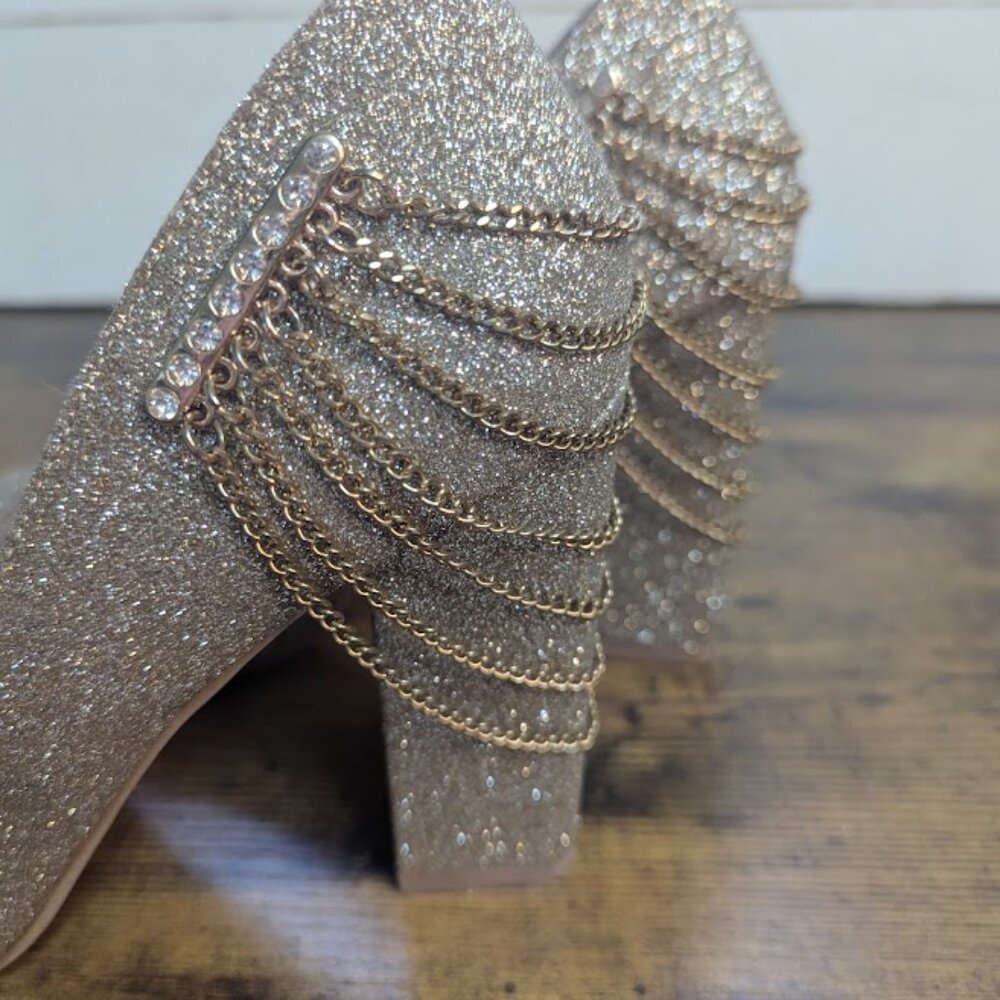 Chain & Rhinestone Decor Glitter Chunky Court Pumps - Picture 5 of 7